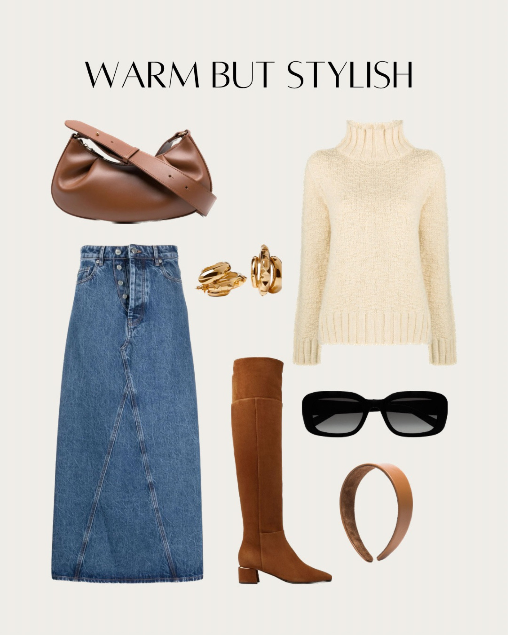 Warm but stylish wool jumper, denim maxi skirt, brown leather shoulder bag, black sunglasses, gold hoop earrings, brown leather headband, brown boots.

#LTKSeasonal #LTKstyletip #LTKitbag