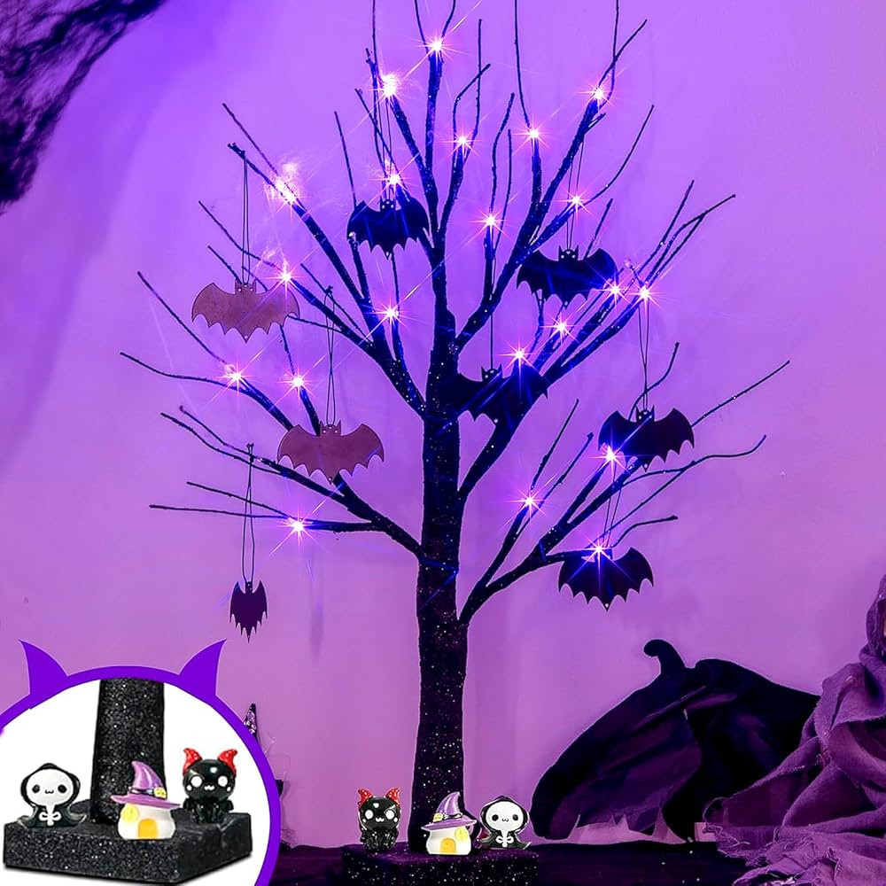 Vanthylit Halloween Tree, 2FT Spooky Black Tree Battery Operated with 24 Purple Lights and 8 Bats... | Amazon (US)