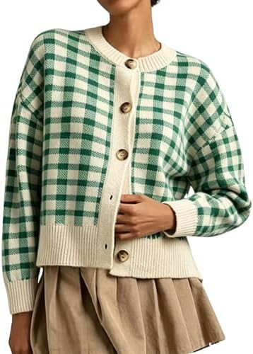 Daacee Women Plaid Cardigan Sweater Fall Button Down Knit Jackets | Amazon (US)