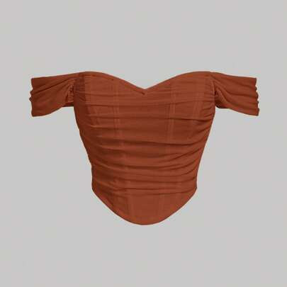 Off Shoulder Ruched Mesh Fish Bone Decoration Summer Top,Ladies Casual Asymmetrical,Ruched,Zipper Off The Shoulder Slim Fit Rust Brown Plain Women Top | SHEIN