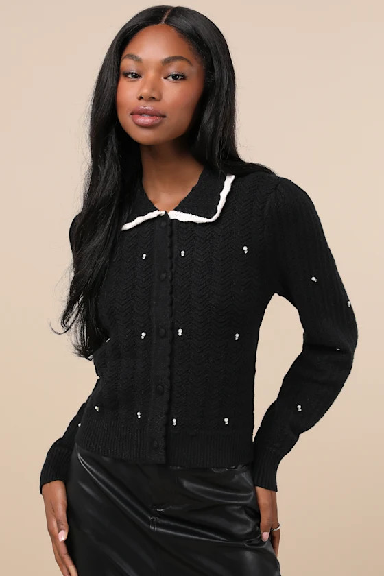 Perla Black Rhinestone Pearl Pointelle Knit Collared Cardigan | Lulus