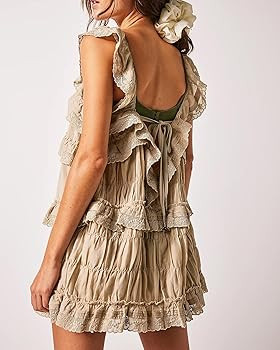 Gacaky Women's Summer Casual Sleeveless Rompers Ruffle Flowy Boho Sun Dress Loose Mini Dress with... | Amazon (US)