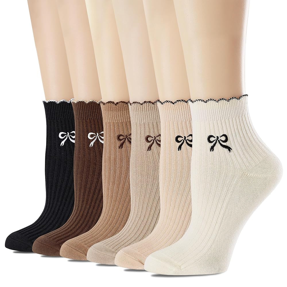 Women's Cotton Ankle Socks,Casual Knit,Ruffle Edge,Cute Fashion Embroidery Bow Pattern, Dress Socks for Girls 6 Pack(Size 5-9) | Amazon (US)