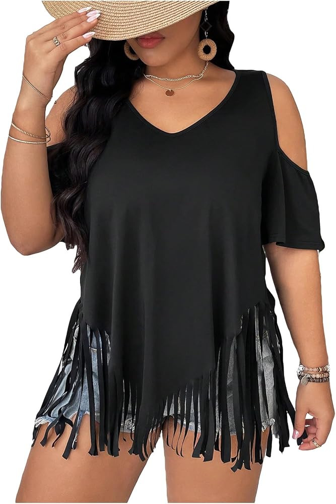 Women's Plus Size Fringe Hem V Neck Tops Short Sleeve Cold Shoulder T Shirts Top | Amazon (US)