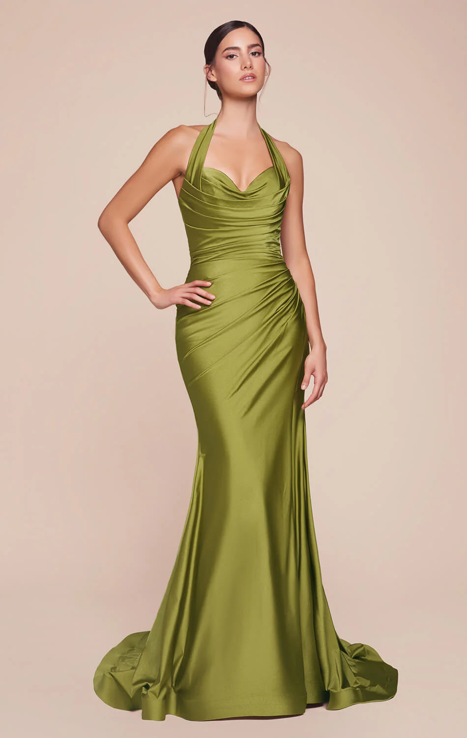 AUTUMN GOWN - GREENERY - STRETCH SPANDEX SATIN HALTER FITTED DRESS | Lady Black Tie