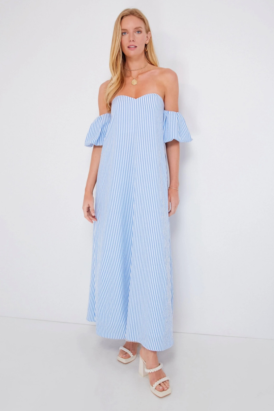 Blue striped off the shoulder tea-length summer dress 

#LTKFind #LTKstyletip #LTKtravel