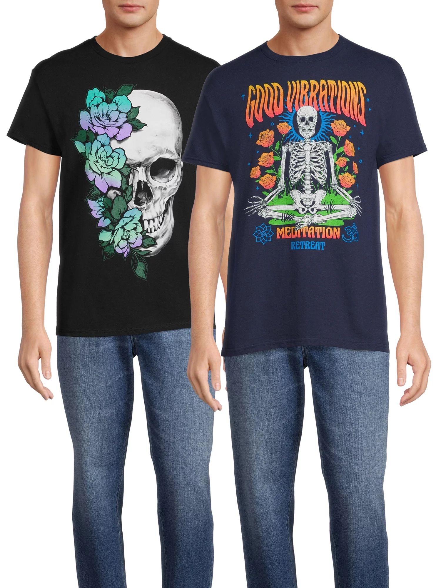 Good Vibrations Skeleton & Flower Skull Short Sleeve Men's Graphic Tees, 2-Pack | Walmart (US)