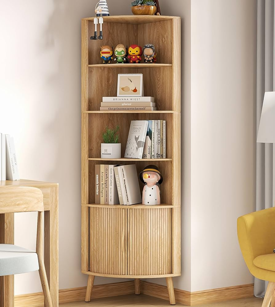 5-Tier Corner Shelf, 66.73''Tall Modern Corner Bookshelf, 5 Shelf Bookcase with 2 Fluted Doors, F... | Amazon (US)