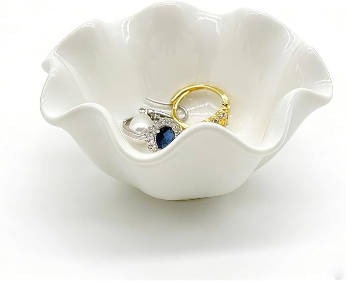 White Flower Jewelry Dish, 3.5″ Lotus Jewelry Bowl Ring Holder, Ceramic Jewlery Tray Cute Vanit... | Amazon (US)