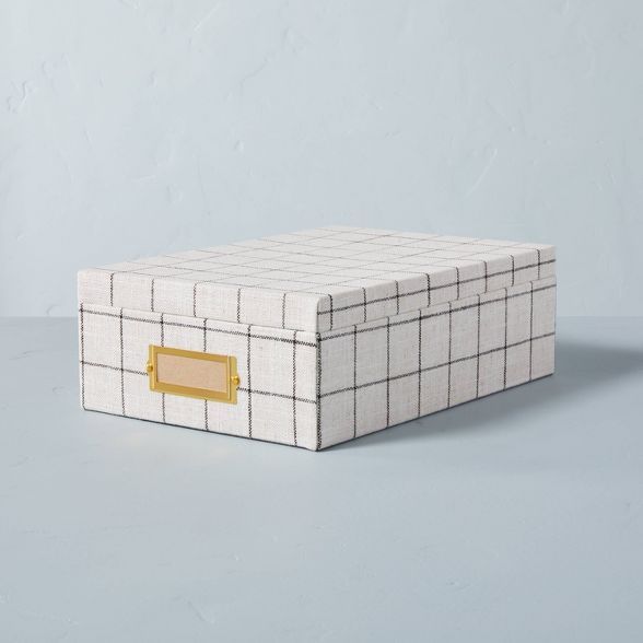 Medium Grid Pattern Fabric Storage Box with Metal Label Holder Cream/Gray - Hearth &#38; Hand&#84... | Target