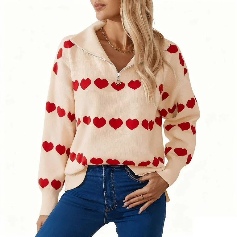 Women's Love Heart Sweater V-Neck Quarter Zip Valentines Pullover Sweater Long Sleeve Ribbed Knit... | Walmart (US)