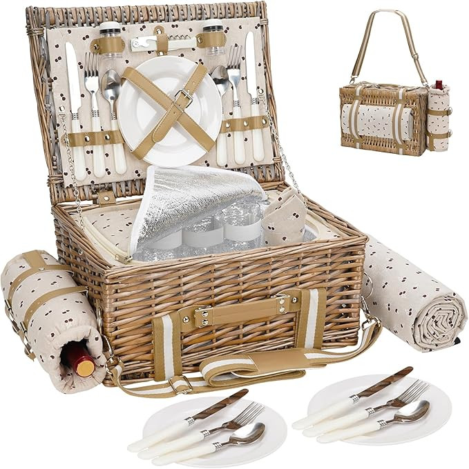 31Pcs Picnic Basket for 4 -Wicker Picnic Set with Waterproof Blanket & Wine Bag| Large Picnic Ham... | Amazon (US)
