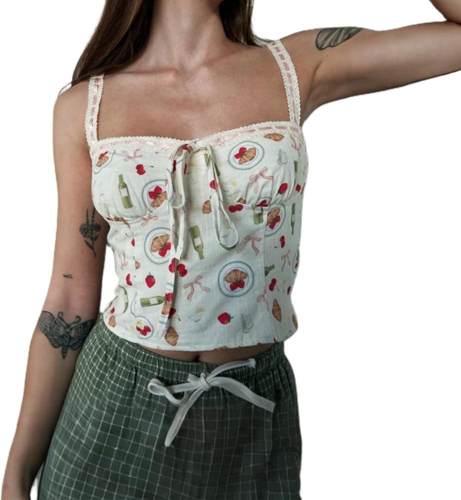 Women Y2k Lace Cami Crop Top Sleeveless Bow Floral Print Slim Ruched Tank Camisole Going Out Aest... | Amazon (US)