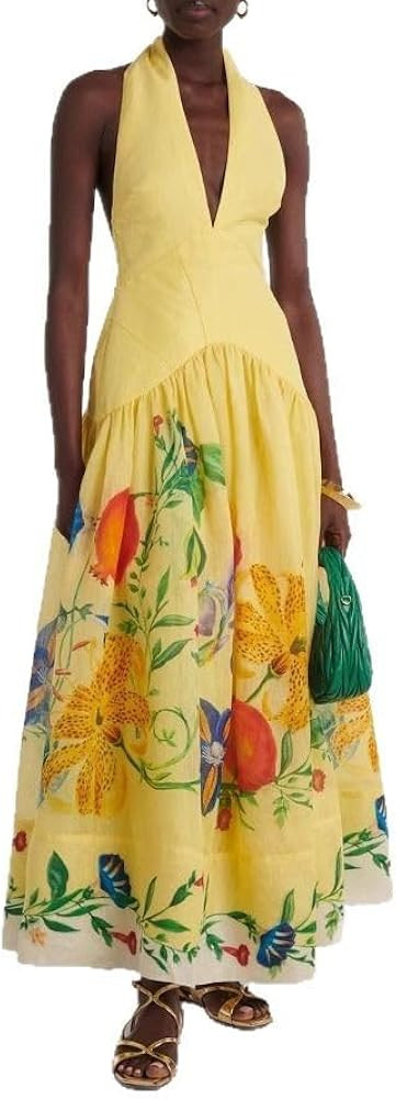 Women Sleeveless Print Suspender Dress Women's Maxi Dress V-Neck Sleeveless Backless Deep Summer ... | Amazon (US)