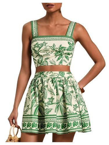 Floerns Women's Two Piece Outfit Tropical Crop Cami Top and Summer Skirts Set Green X-Small | Amazon (US)