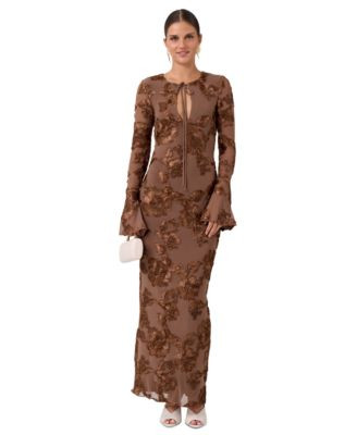 Rachel Rachel Roy Women's Juliet Soutache Midi Keyhole Floral Long-Sleeve Midi Dress - Umber | Macy's