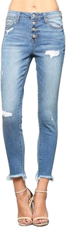 Blue Ridge Exposed Button Up Fly Mid Rise Medium Light Wash Raw Hem Ankle Skinny Jeans VT295 | Amazon (US)