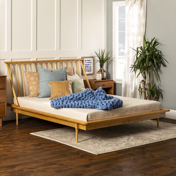 Desert Fields Mid Century Modern Solid Wood Queen Platform Bed, Light Oak | Walmart (US)