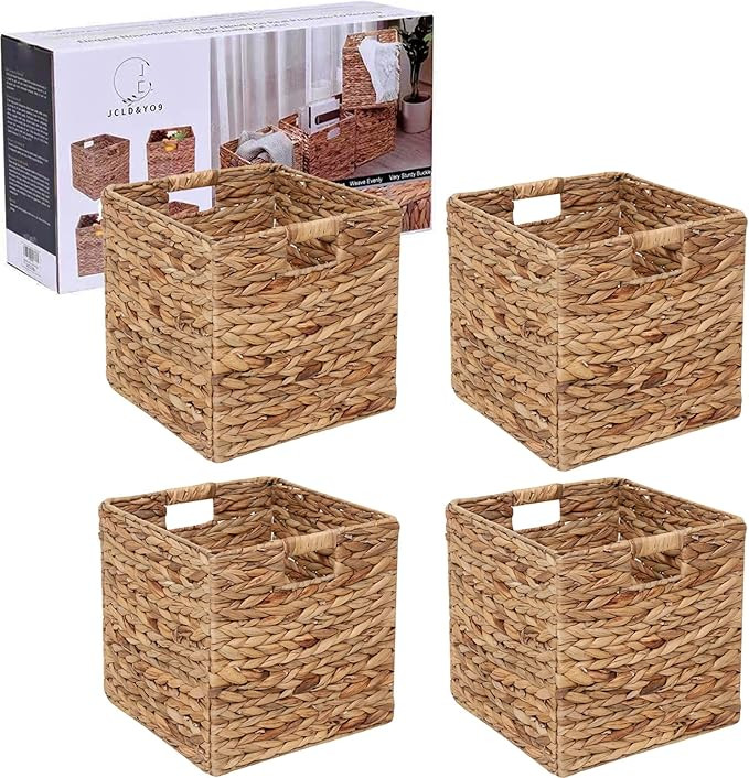 12x12in Storage Baskets Set of 4 Water Hyacinth Baskets,Foldable Handwoven Storage Cubes,Wicker C... | Amazon (US)