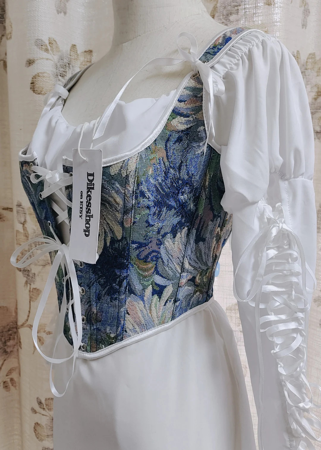 Vintage Blue Floral Overbust Corset Top Lace-up Renaissance Bodice Bustier Tops - Etsy | Etsy (US)