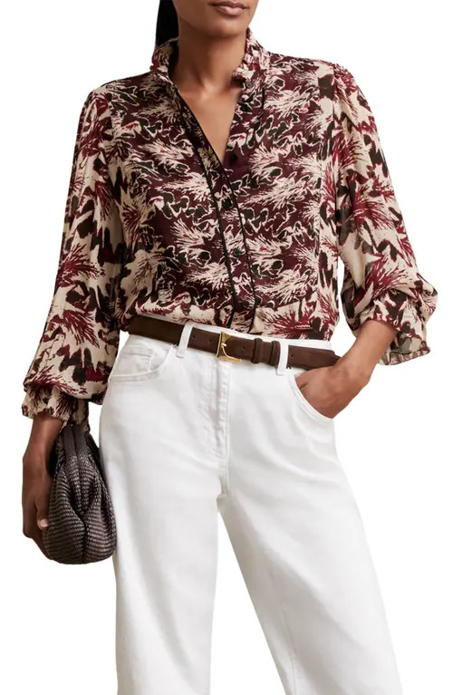 Reiss Jules Abstract Ruffle Neck Button-Up Shirt in Burgundy/cream at Nordstrom, Size 0 Us | Nordstrom