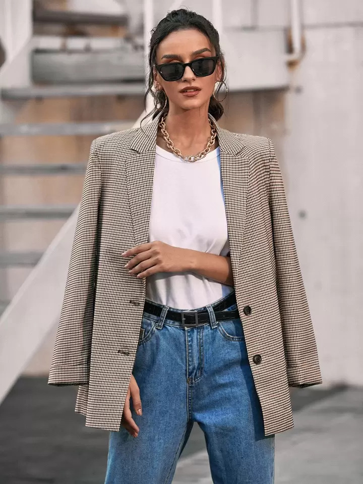 SHEIN BIZwear Plaid Lapel Collar Flap Detail Blazer Workwear | SHEIN