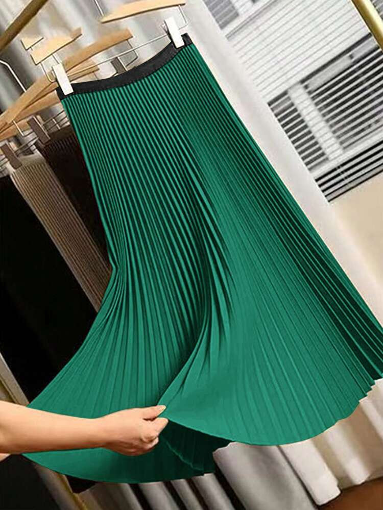 Big New Products For Autumn And Spring Green High-Waisted Pleated Skirt Draped And Slimming Mid-L... | SHEIN