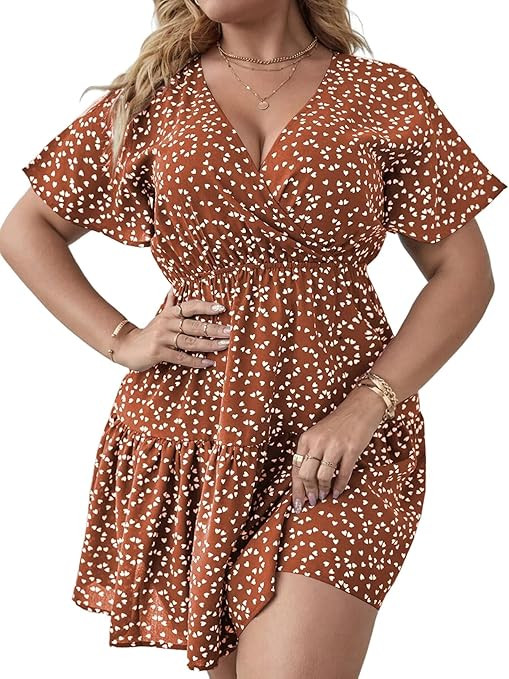 Floerns Women's Plus Size Wrap V Neck Short Sleeve Ruffle Hem A Line Short Dress | Amazon (US)