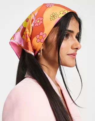 ASOS DESIGN polysatin medium headscarf in floral print in orange and pink - BPINK | ASOS (Global)