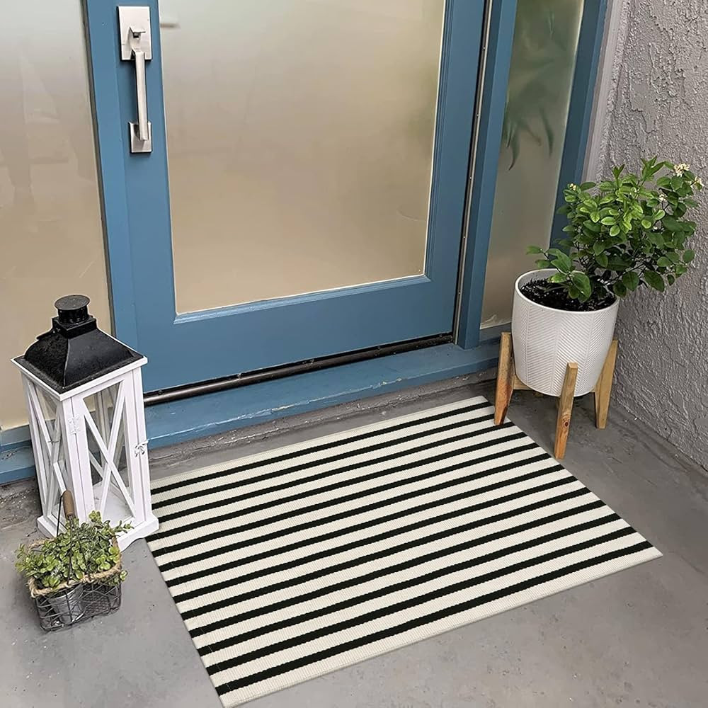 OJIA Front Door Mat 24"x35" Black Striped Front Door Rug Machine Washable Entry Rug Cotton Woven ... | Amazon (US)