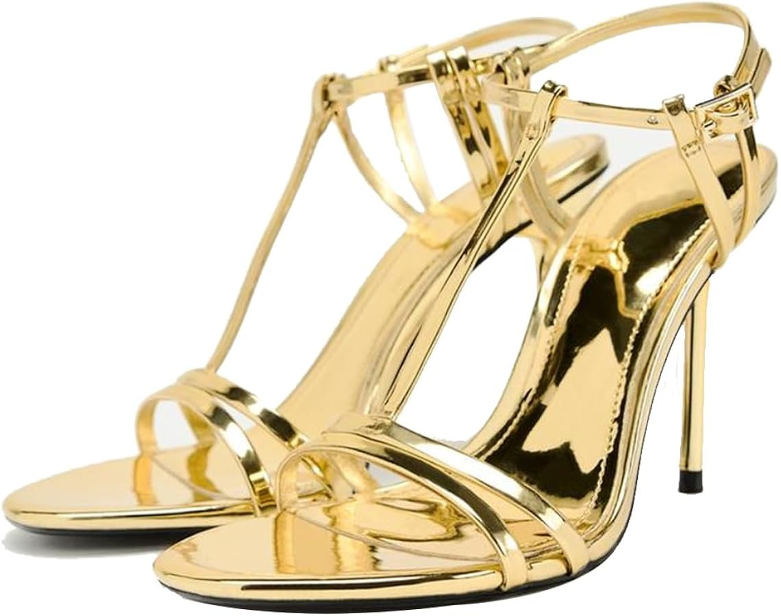YIYA Women's Metallic Gold Open Round Toe Ankle Strappy Stiletto Kitten High Heels Sandals Party ... | Amazon (US)