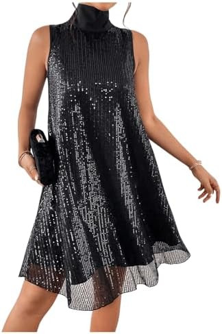 Floerns Women's Contrast Sequin Sleeveless Tank Dress High Neck Bow Shiny Party Dress | Amazon (US)
