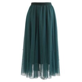 Pearl Embellished Mesh Tulle Skirt in Green | Chicwish