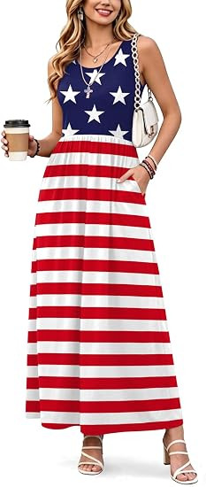 For G and PL Womens 4th of July Maxi Dress American Flag Sleeveless Long Dress with Pockets | Amazon (US)