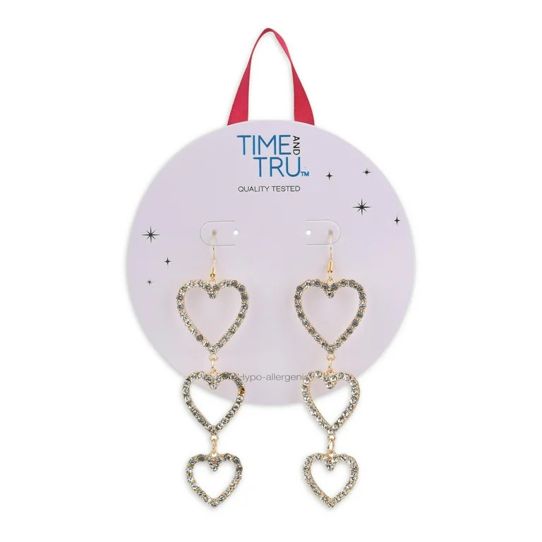 Time and Tru Women's Gold-Tone Crystal Heart Drop Earrings | Walmart (US)