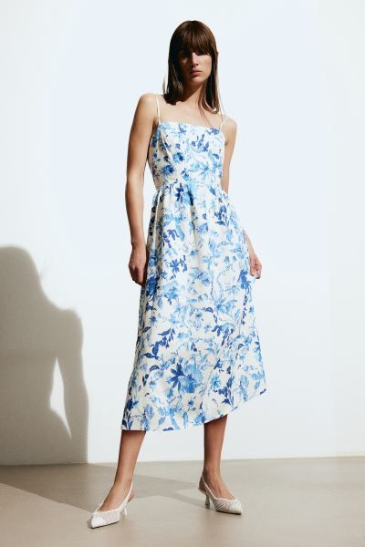 Linen-blend midi dress - White/Blue floral - Ladies | H&M GB | H&M (UK, MY, IN, SG, PH, TW, HK)