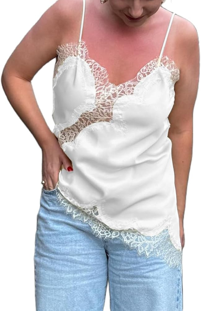 Women Lace Trim Satin Tank Top V Neck Silk Camisole Tops Asymmetrical Backless Spaghetti Strap Ta... | Amazon (US)