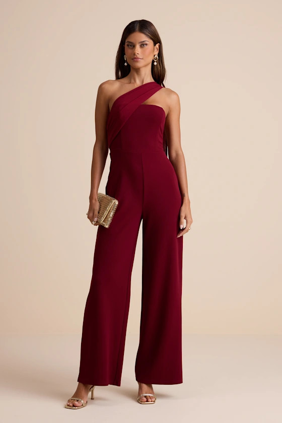 Hexley Burgundy One-Shoulder Sash Scarf Jumpsuit | Lulus