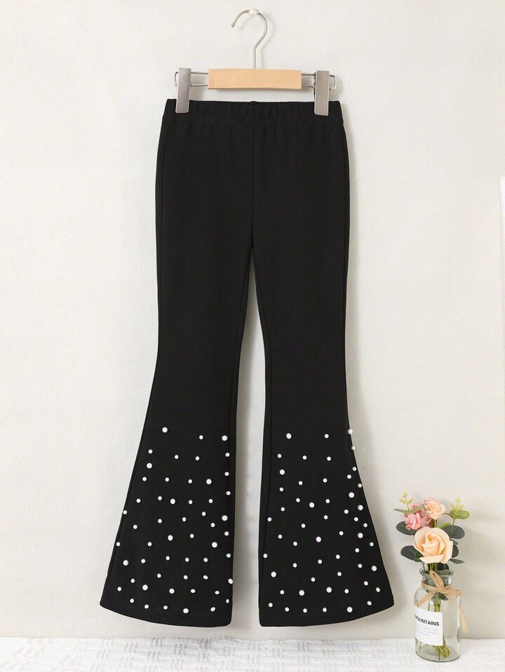 SHEIN Kids Y2Kool Girls Black Casual Pants With Elastic Waist And Pearl Decoration At The Ankle | SHEIN