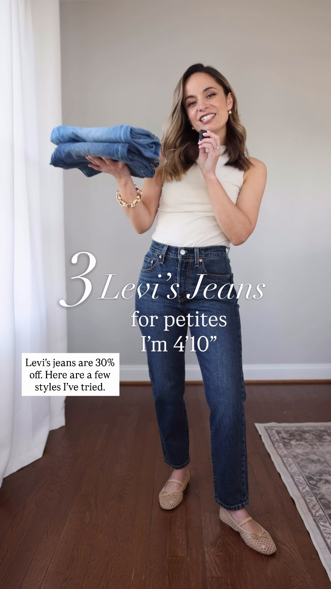 30% off Levi’s jeans! 

501 cropped: 24 x 26” in apply now wash | true to size | 10.5” rise (I misspoke in the video) | 99% cotton, low stretch 
501 90’s ankle: 23 x 27” in sleep hours wash | runs large, loosens with wear | 9.5” rise | lightweight style 
Ribcage ankle: 25 x 27” in on my honor wash | runs small | 12” rise | 99% cotton, low stretch 

Top (WHBM): xxs in pumice 
Shoes (J.Crew Factory): true to size 

My measurements for reference: I’m 4’10” and 105lbs. My bust, waist, and hip measurement is 32”, 24”, and 36”.