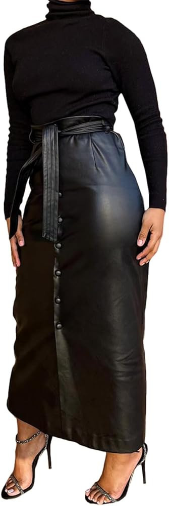 Faux PU Leather Maxi Long Skirt with Belt, Women Button Down Slit Skirt | Amazon (US)