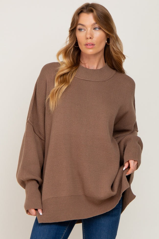 Mocha Mock Neck Exposed Seam Sweater | PinkBlush Maternity