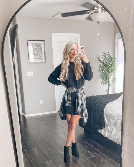 Amazon sweater dress. Black dress. Flannel. Ankle boots. Fall dress. Fall outfit. Black boots. Amazon outfit  

#LTKunder50 #LTKSeasonal #LTKHoliday