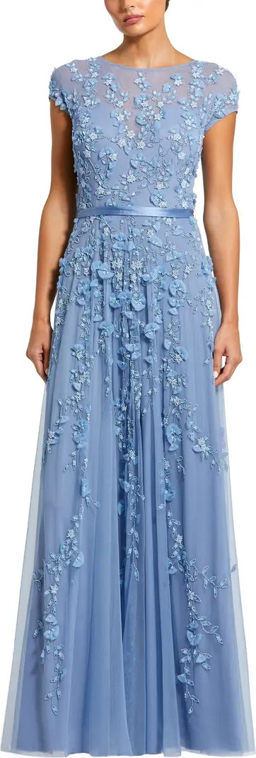 Women's Floral Embellished Short Sleeve Mesh Gown | Nordstrom