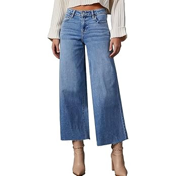 Allimy Women's High Waisted Straight Ankle Wide Leg Ripped Jeans Frayed Hem Stretchy Capri Denim ... | Amazon (US)