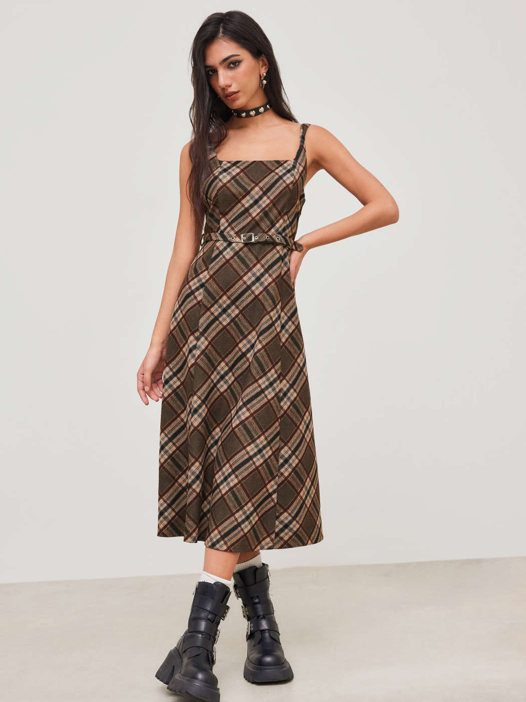 Scoop Neckline Check Ruffle Midi Dress With Belt | Cider