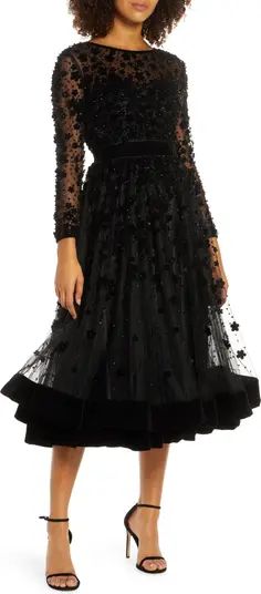 Mac Duggal Long Sleeve Fit & Flare Velvet Embellished Cocktail Dress | Nordstrom | Nordstrom