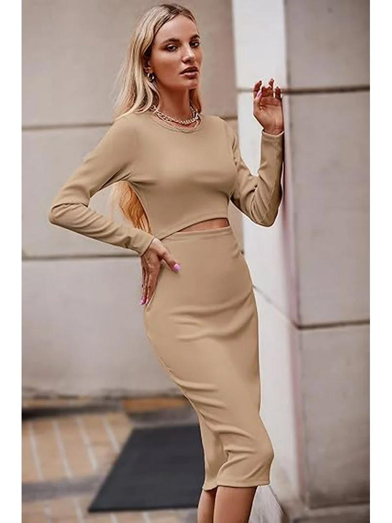PRETTYGARDEN Women's Long Sleeve Midi Bodycon Dresses Casual Crewneck Cut Out Ribbed Knit Fitted ... | Walmart (US)
