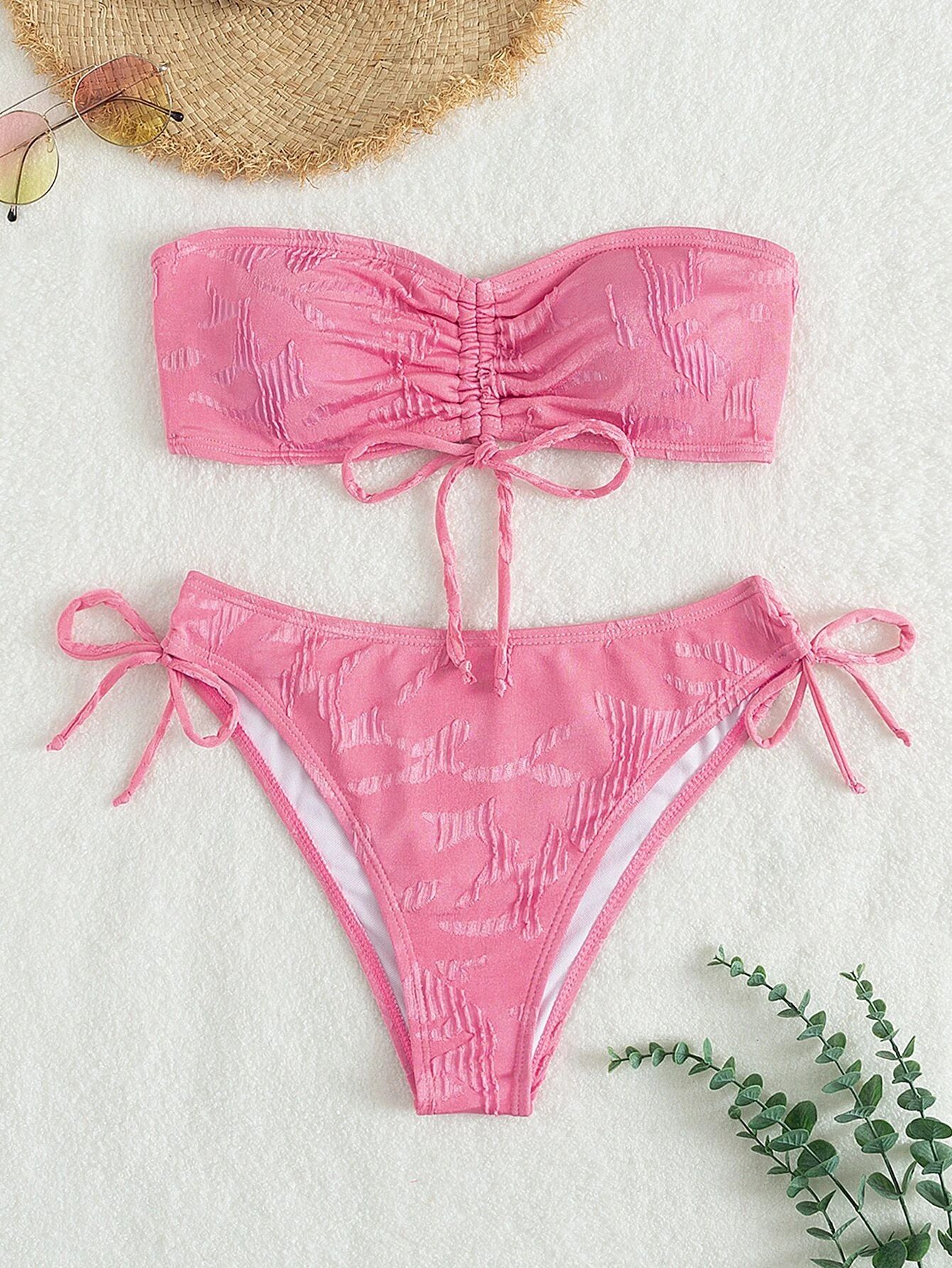 Drawstring Bandeau Tie Side Bikini Swimsuit | SHEIN