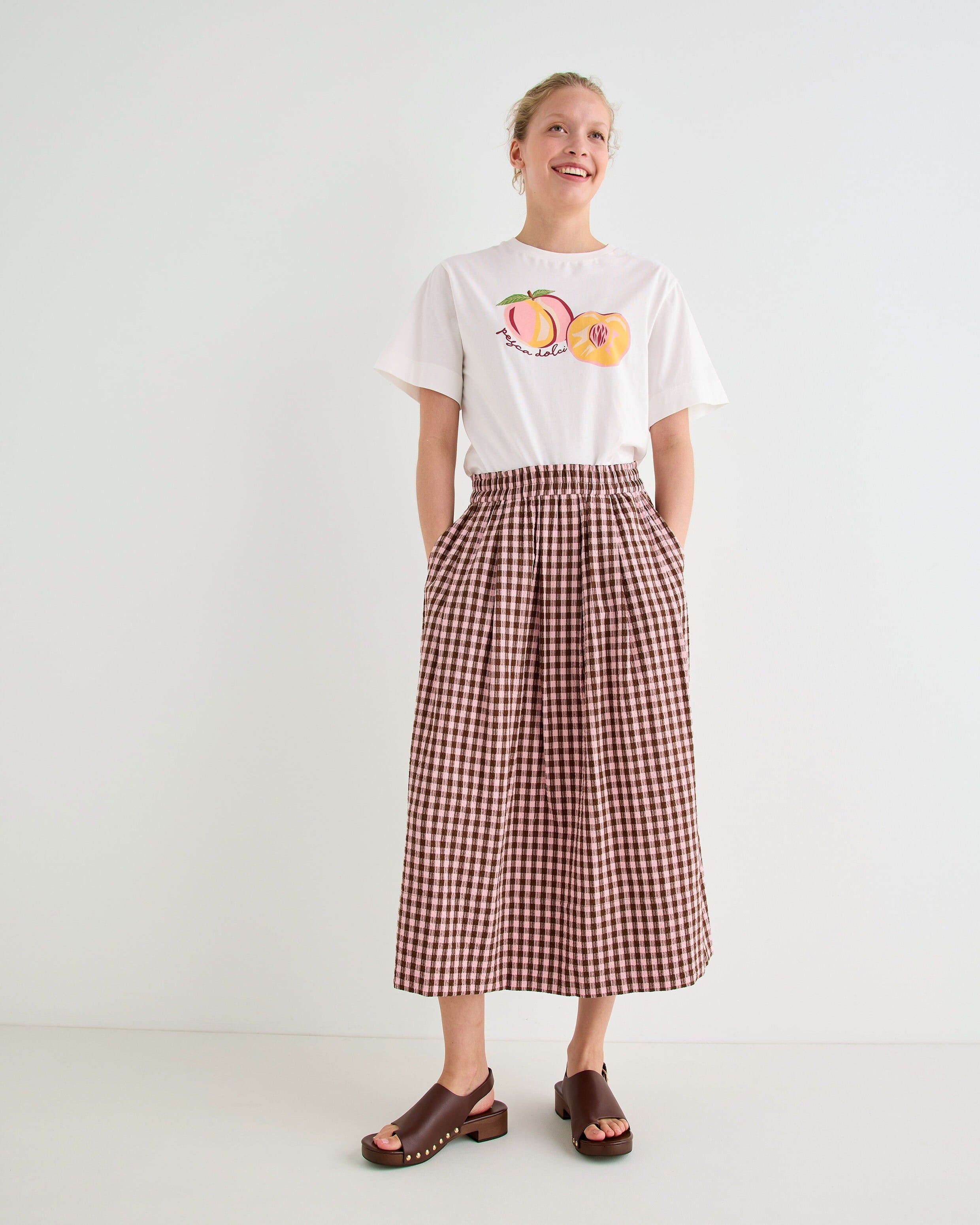 Pink & Brown Gingham Elasticated Waist Cotton Midi Skirt, size 12 | Oliver Bonas (Global)